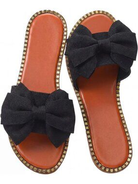 Women's Black Bow Knot Slides Cute Open Toe Polyester Flat Slip On Slippers